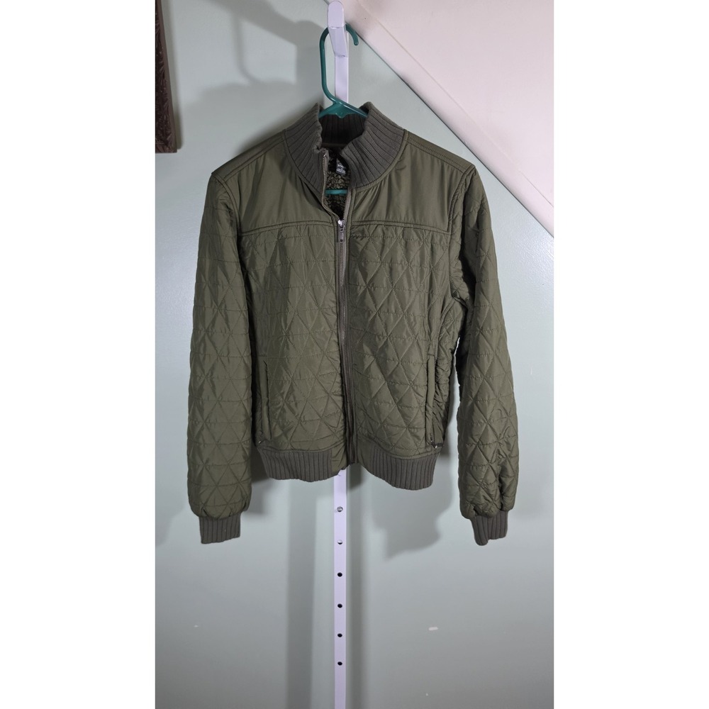 PrAna Diva Bomber Jacket Womens Olive Green Quilted Sherpa Lined Full Zip Medium